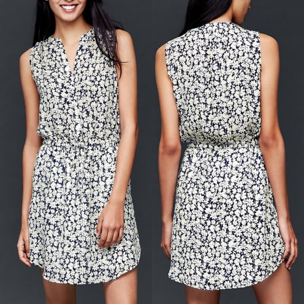 XS Gap 100% Rayon Sleeveless Shirtdress Elastic/Drawstring Waist Floral Print